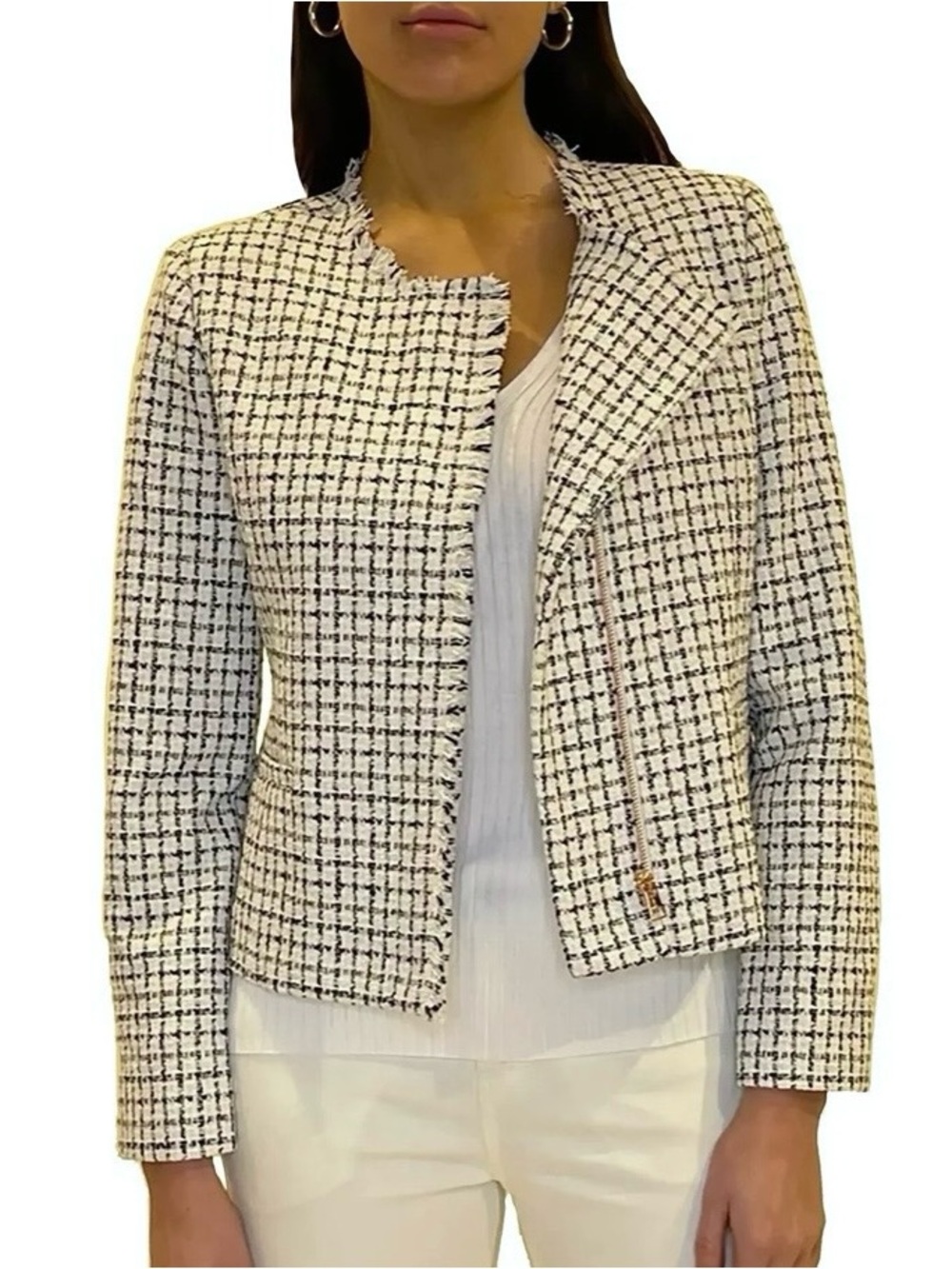 Jaclyn Smith White & Black Tweed Fringe Moto Jacket Lightweight Coat Size XL
